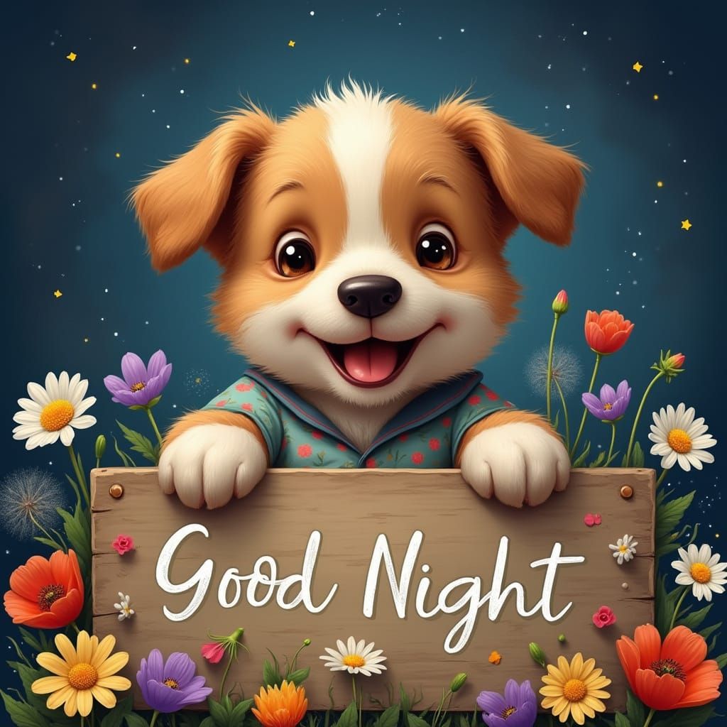 Happy Puppy Wishes Good Night in Hyperrealism