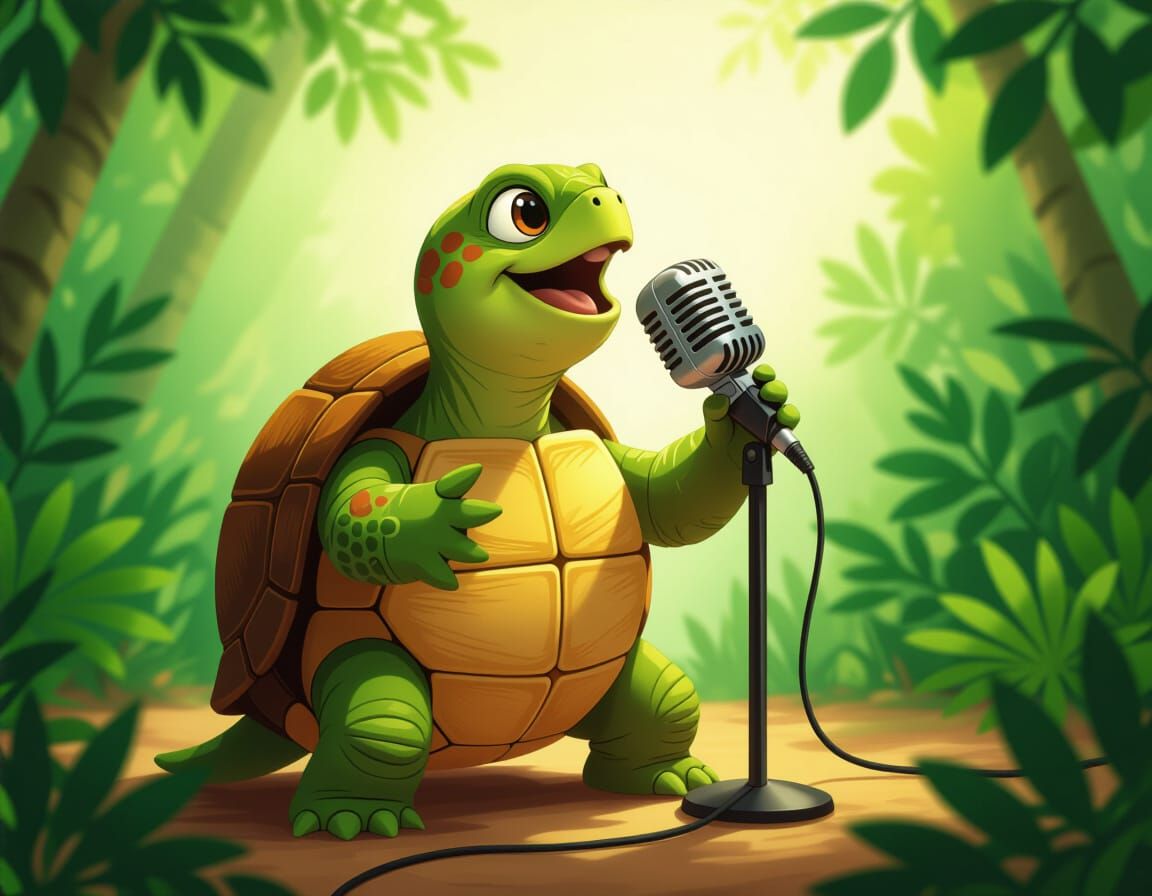 Singing Turtle with Microphone in Whimsical Style