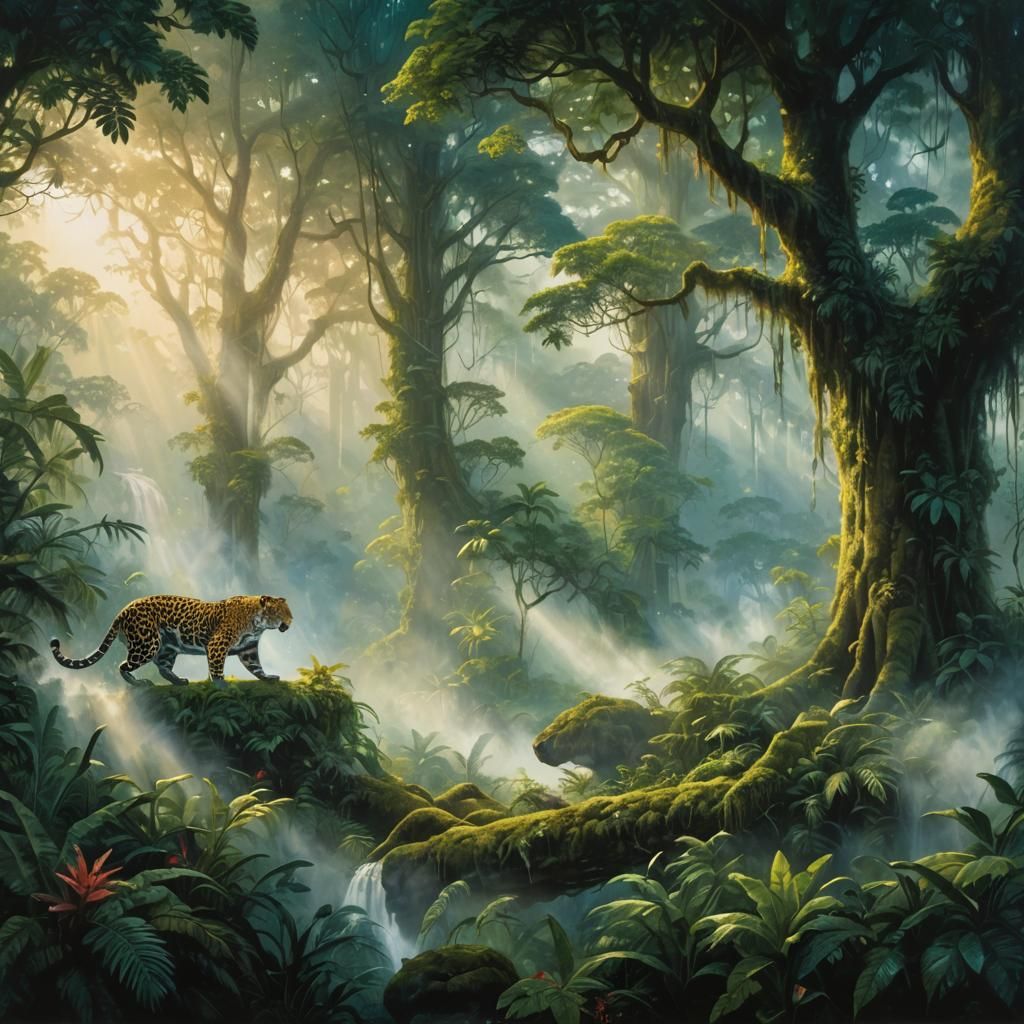 Jaguar in Mystical Rainforest Painting