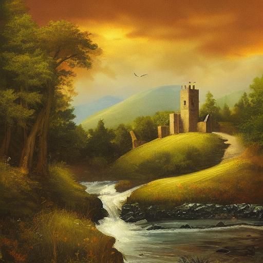 Medieval Watchtower Overlooking Mountain Stream, Oil Paintin...