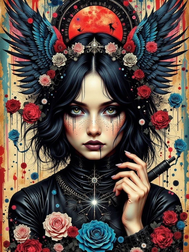 Gothic Griefcore Angel in Abstract Mixed Media