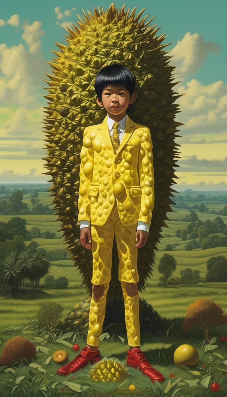 Thai Boy's Surreal Durian Suit in Dreamlike Landscape