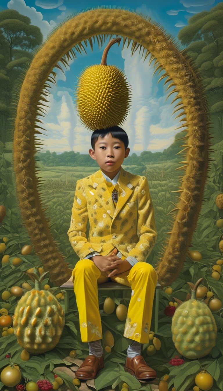 Boy in Durian Suit in Surreal Countryside