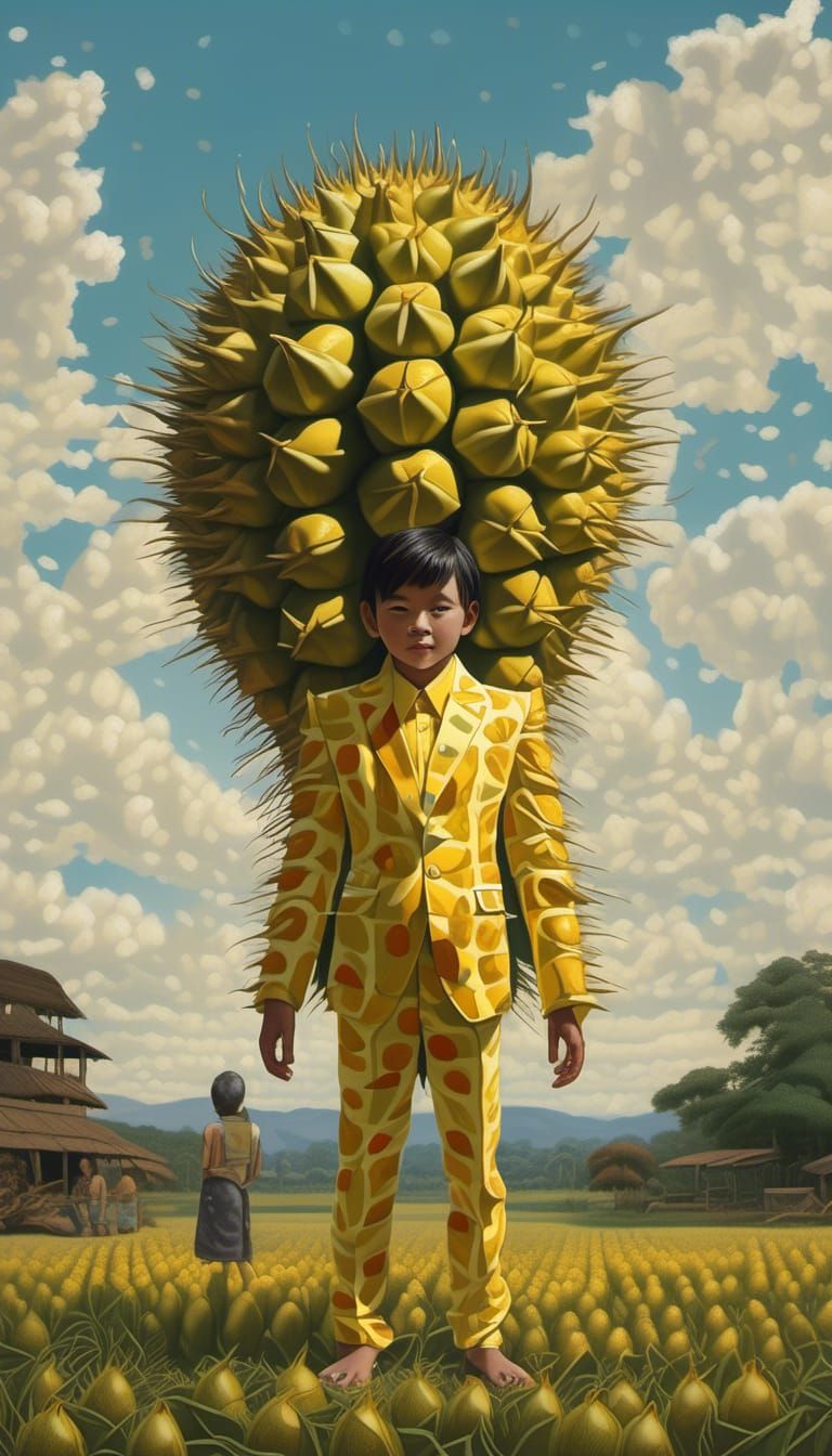 Thai Boy in Durian Suit, Surreal Oil Painting