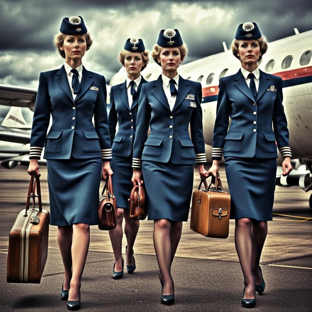1980s UK Air Stewardesses in Hyperrealistic Retro Style