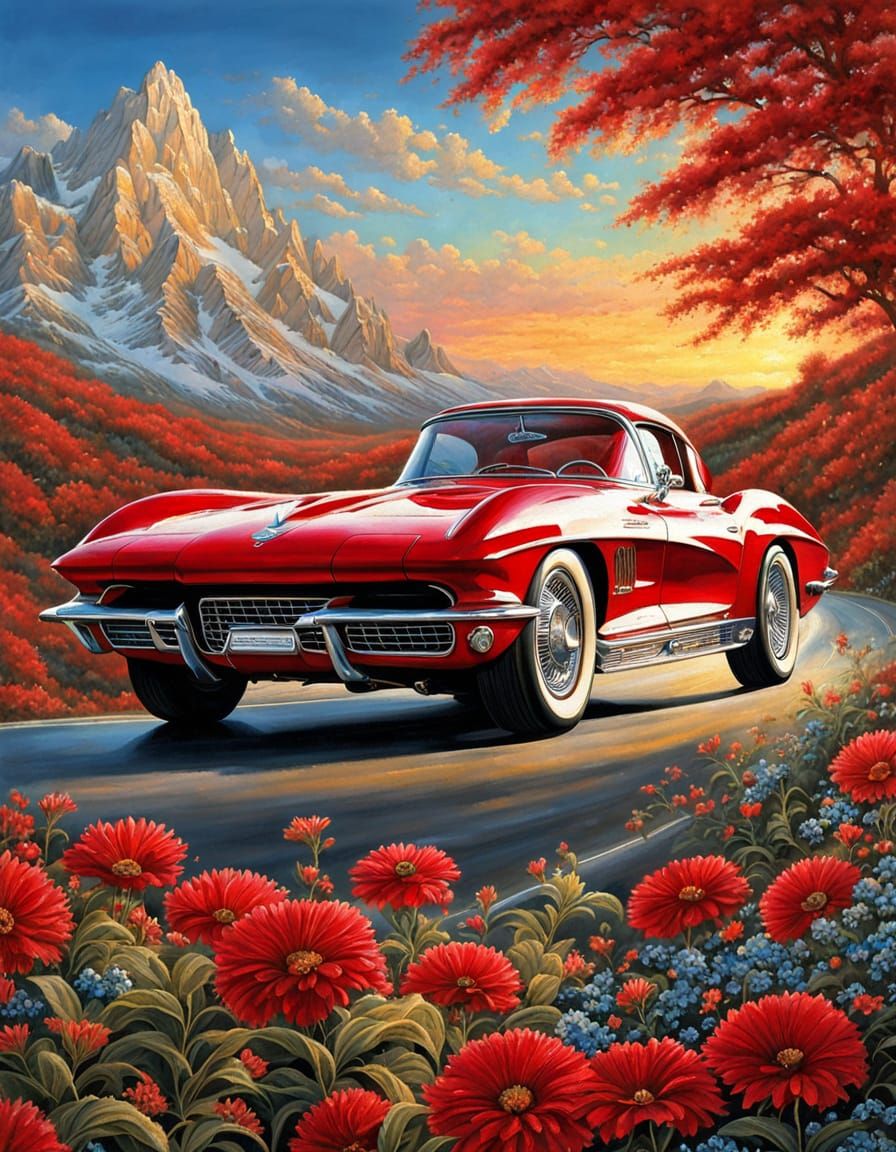 Classic Red Corvette on Highway: Celestial Masterpiece