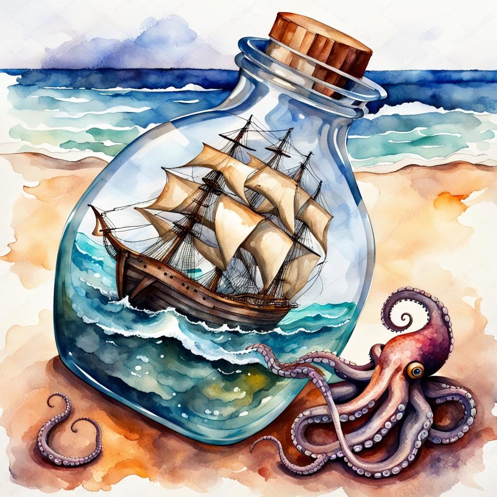 Kraken with Ship in a Bottle Watercolor