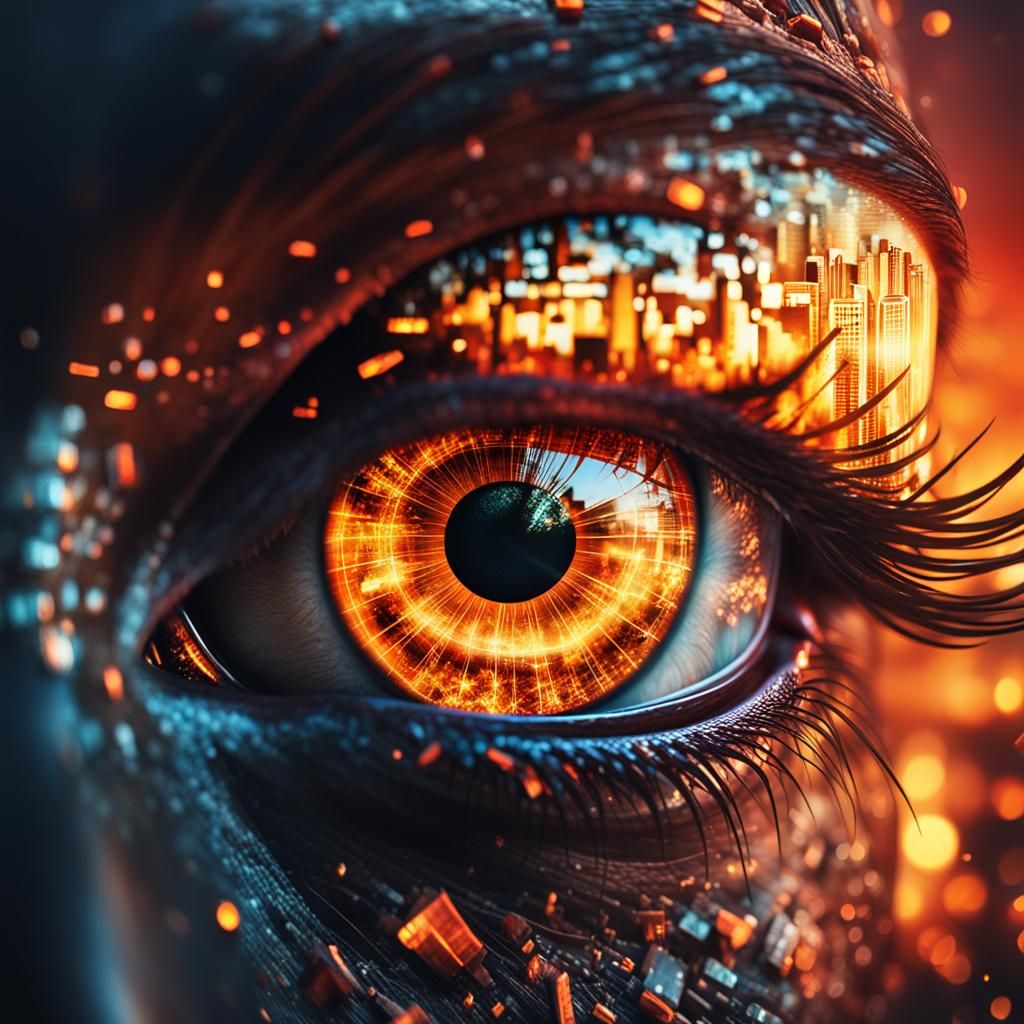 Burning Cityscape Reflected in Eye: Fantasy Illustration