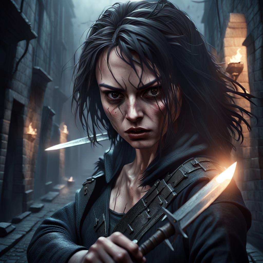 Dramatic Assassin in Misty Alleyway, Cinematic Portrait