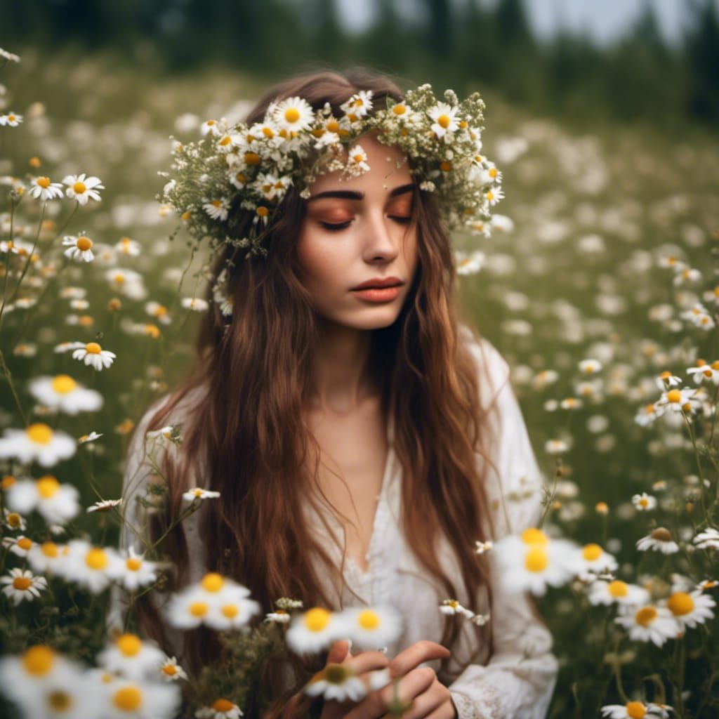 Young Woman Smelling Chamomile in Flower Field