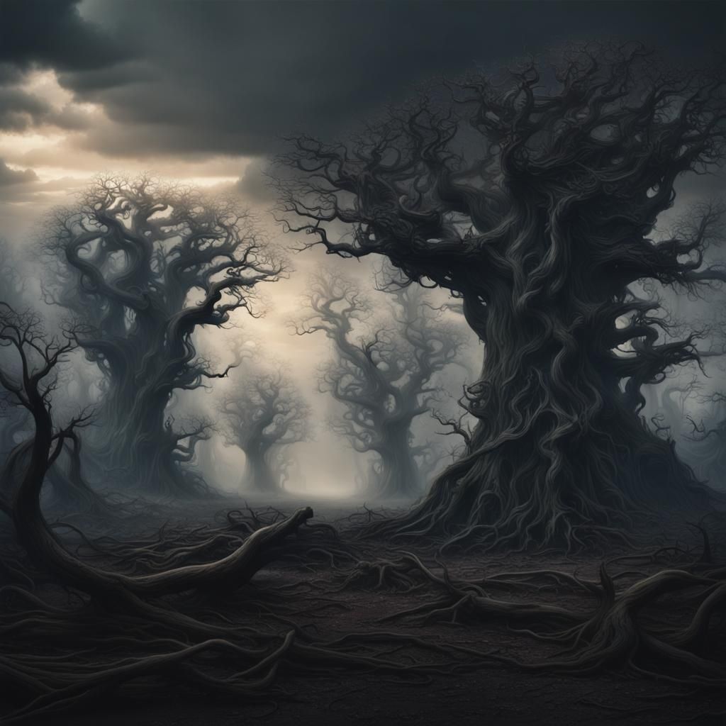 Dark Landscape with Twisted Trees: Digital Matte Painting