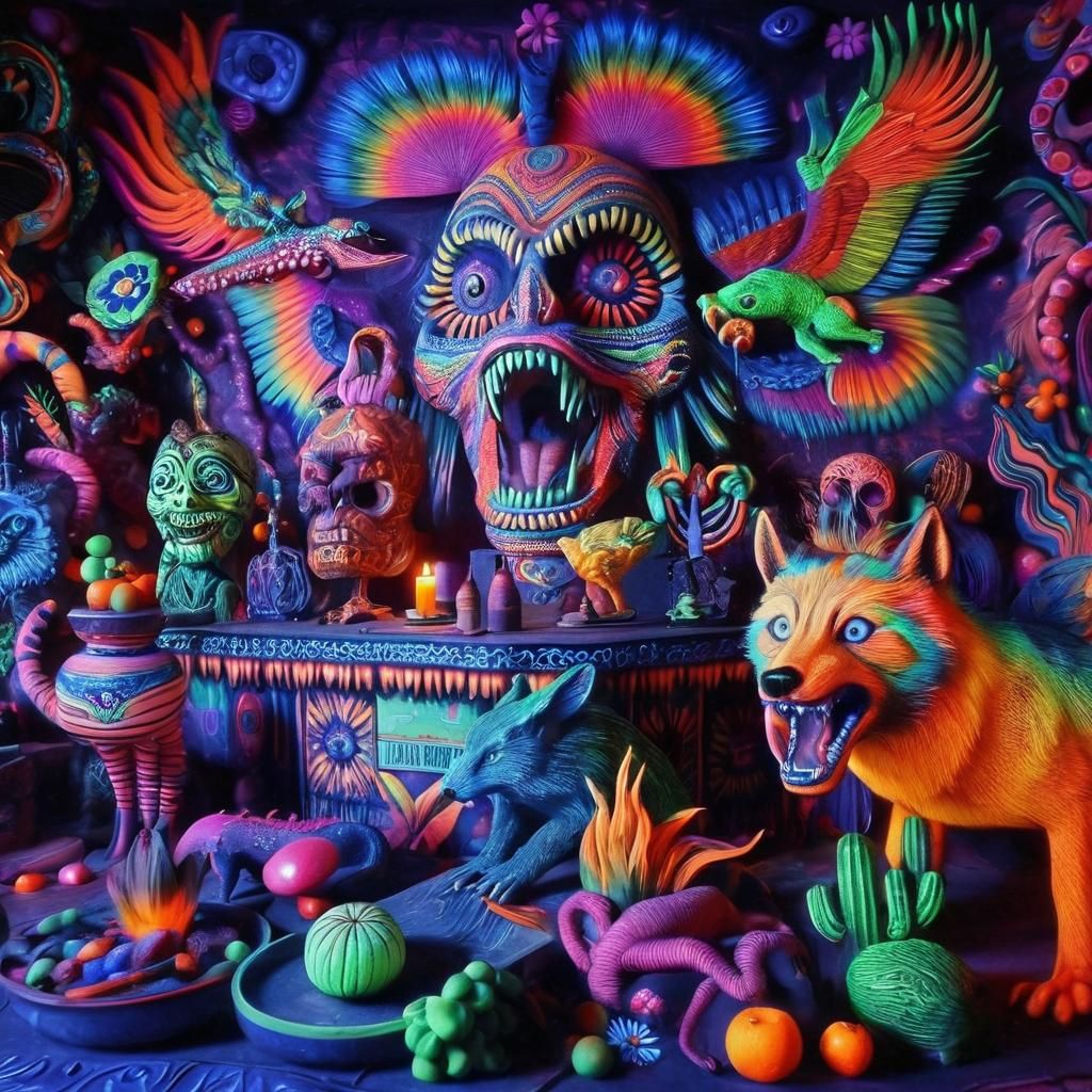 Surreal Nightclub with Psychedelic Colors and Totem Animals
