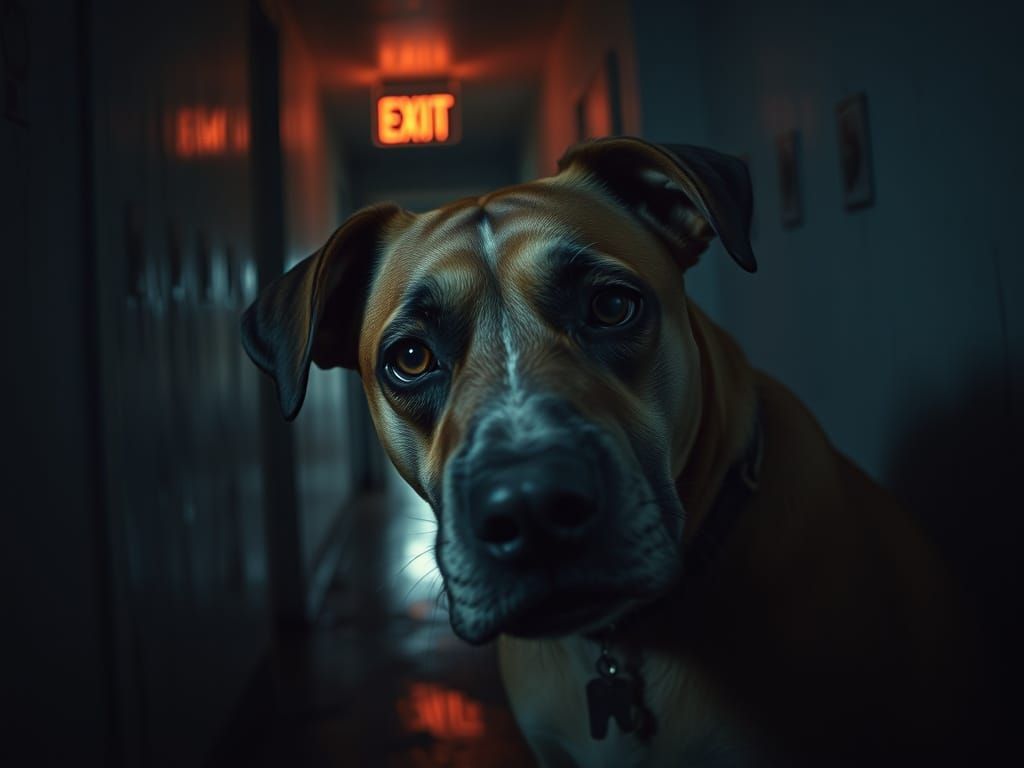 Unsettling Dog Portrait in Dark Hallway