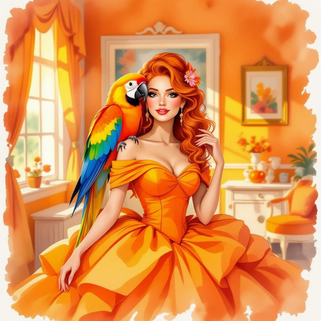 Orange Parrot and Woman in Watercolor Style
