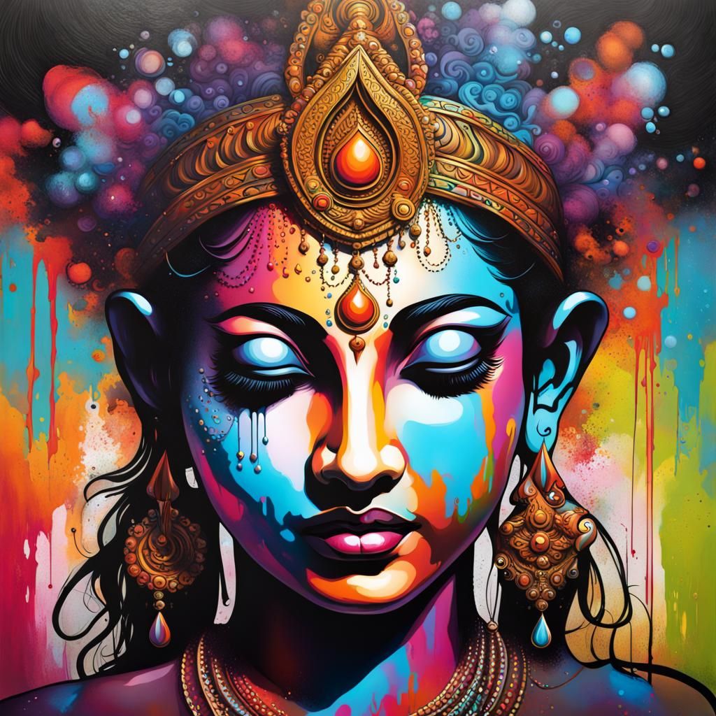 Colorful Hindu Goddess in Graffiti Street Art