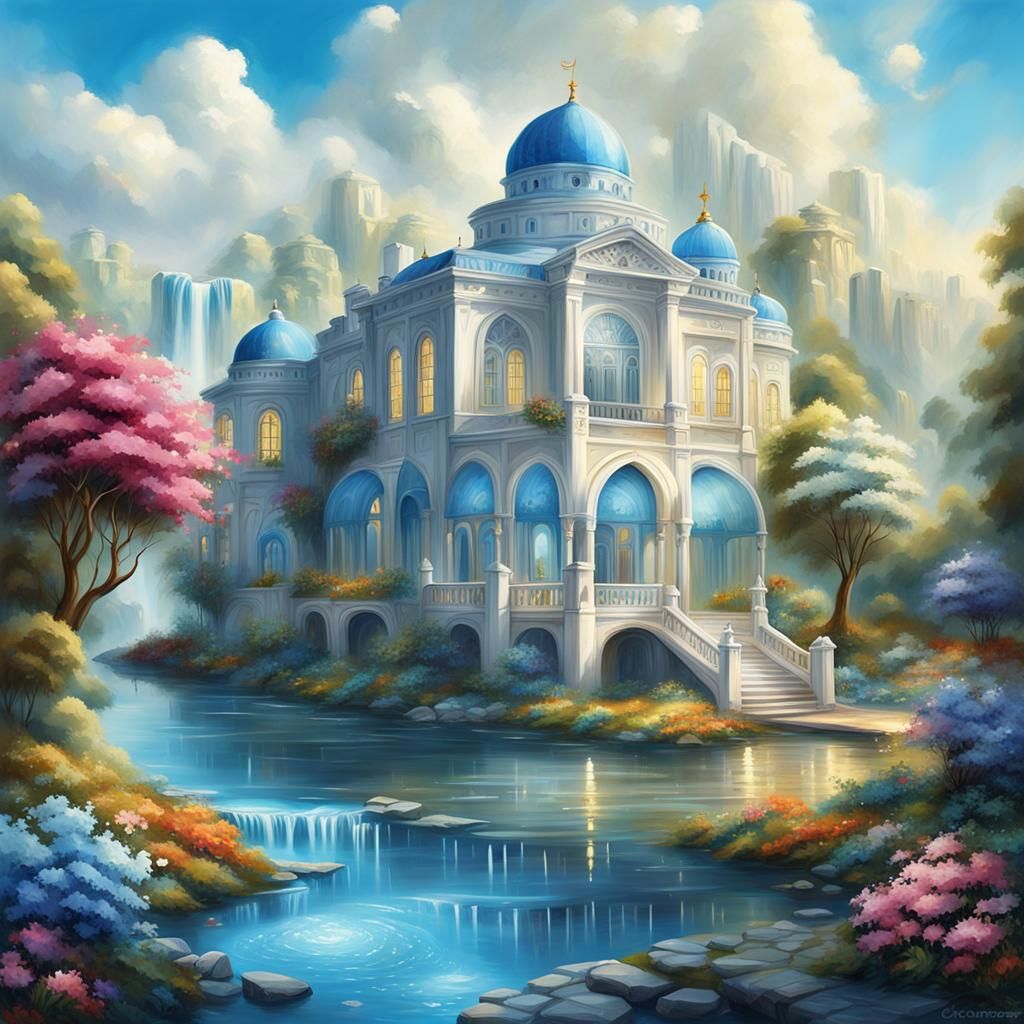 Art Deco Palace in Fantasy Landscape Painting