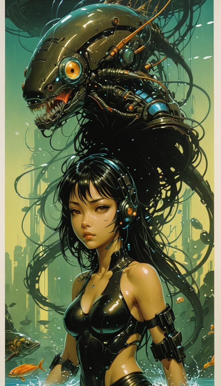Art by Masamune Shirow, cyberpunk, a bioluminescent aquatic ...