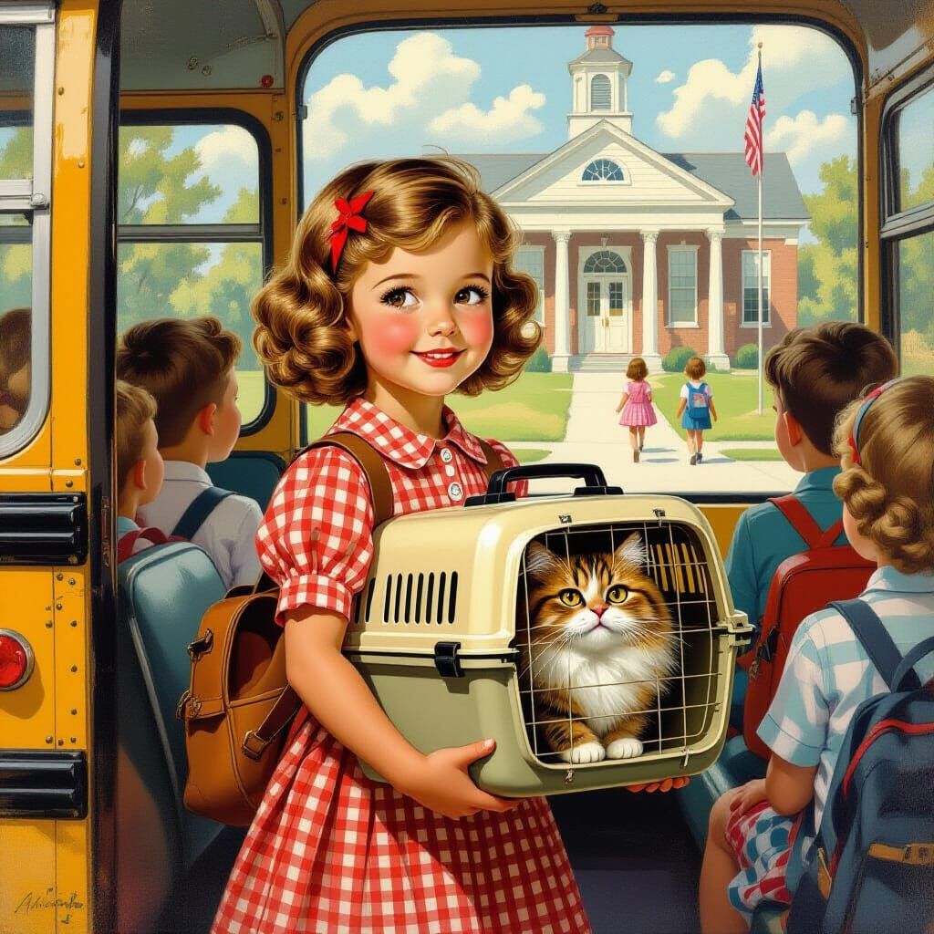 Girl and Cat on Retro School Bus, Norman Rockwell Style