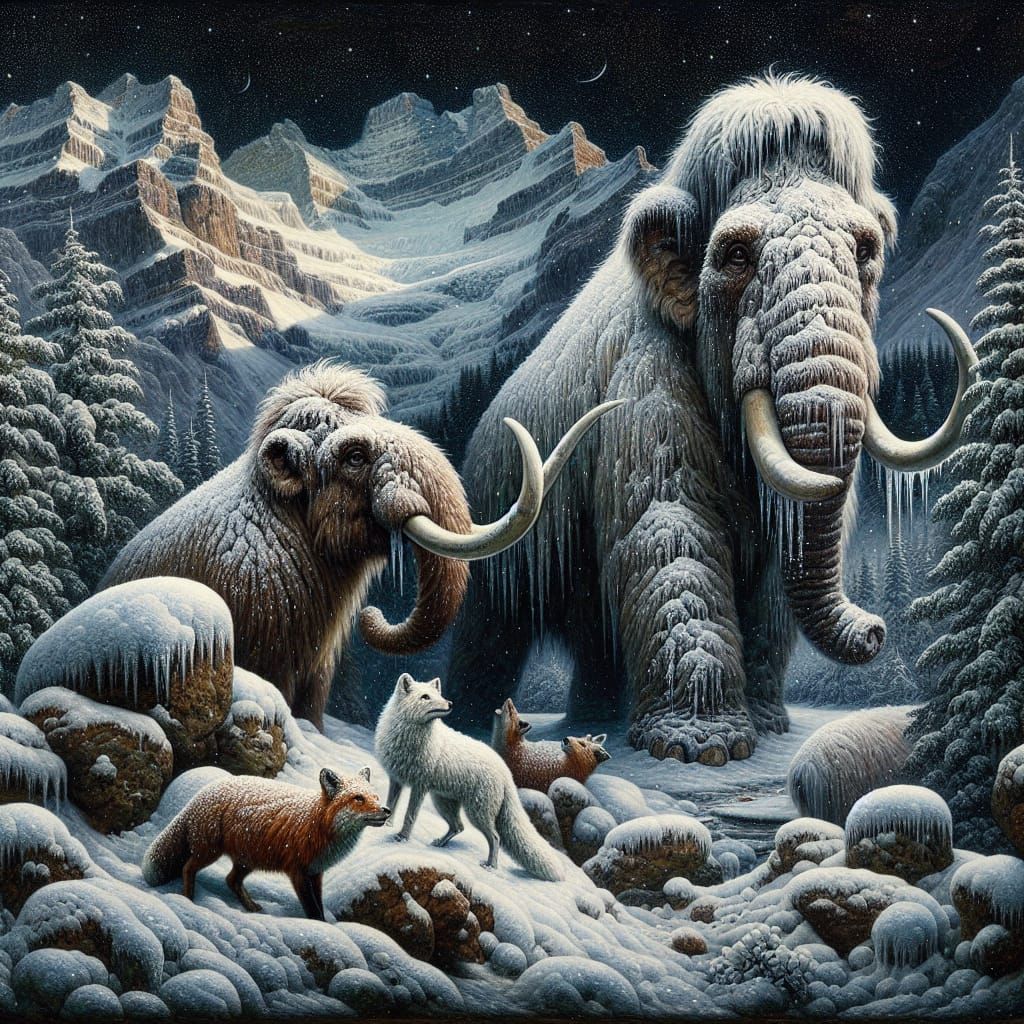 Romantic Woolly Mammoths Gaze at Arctic Fox in Snowy Swiss M...
