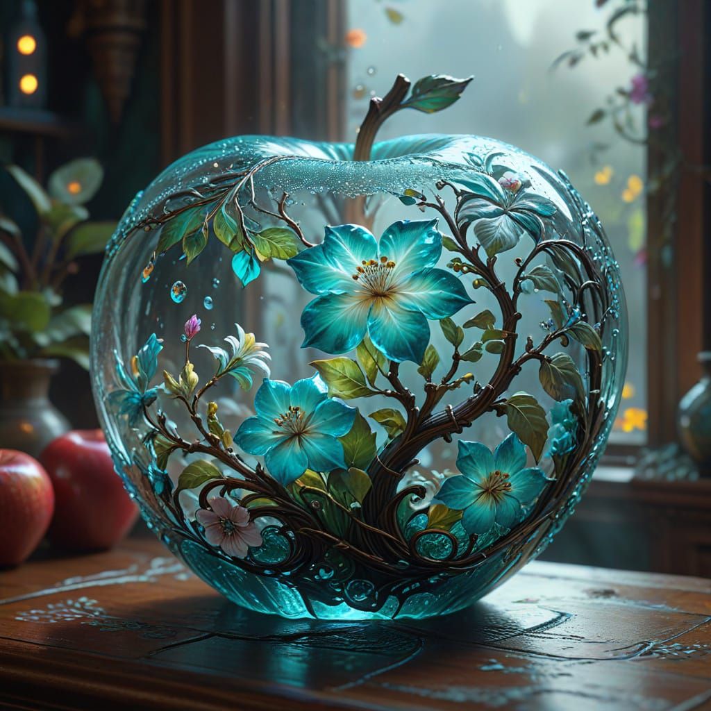 Turquoise Crystal Stained-Glass Apple, Hyperrealistic