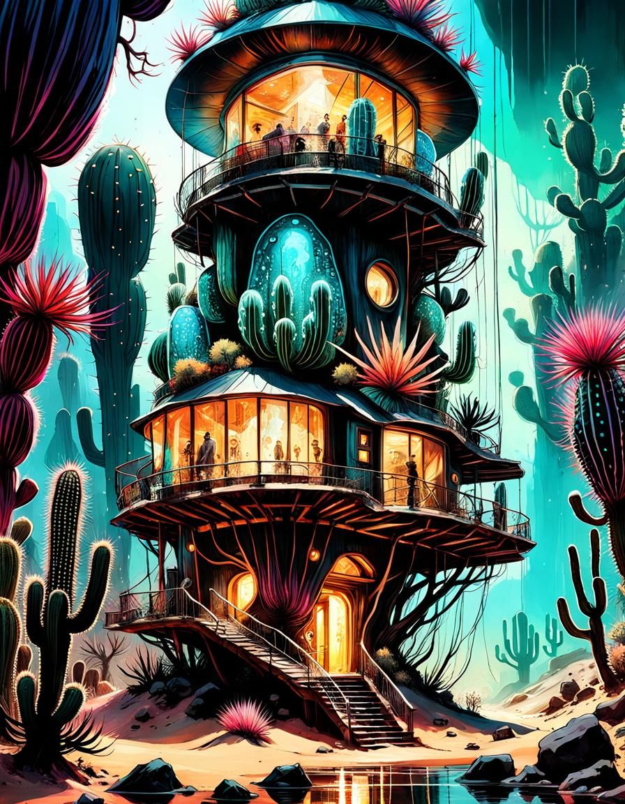 Bioluminescent Cactus Treehouse in Maximalist Cyberpunk Styl...