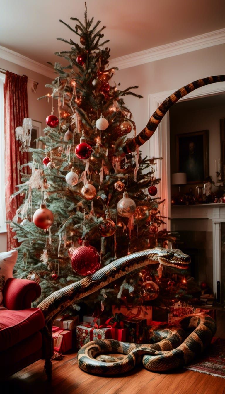 Macabre Giant Snake Emerges from Christmas Tree