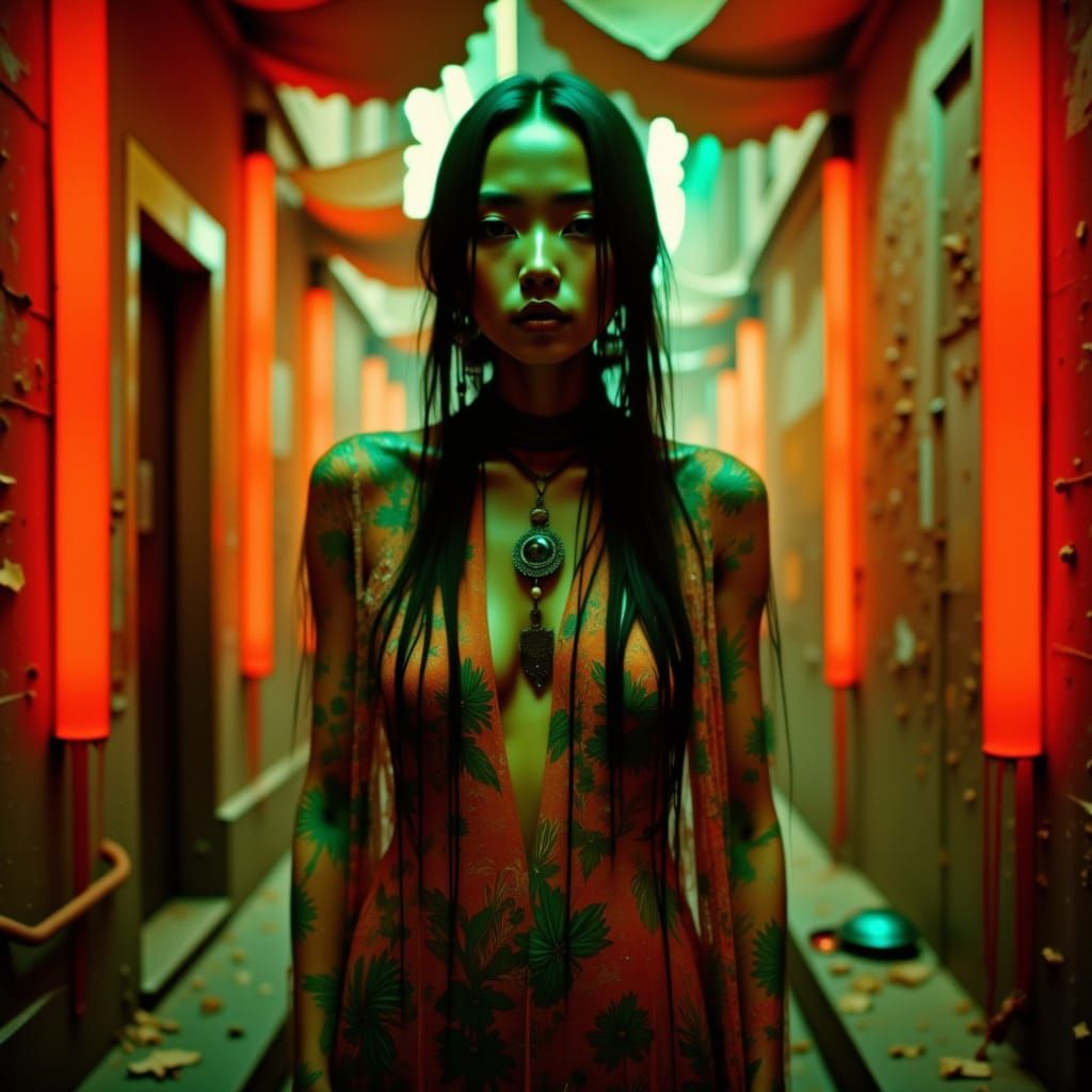 Ethereal Boho Goddess in a Neon Lagoon Maze