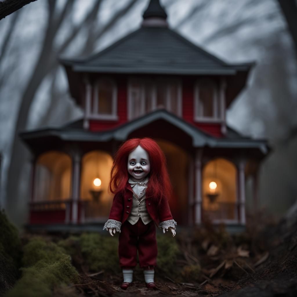 Creepy Porcelain Doll in Gazebo: Horror Art