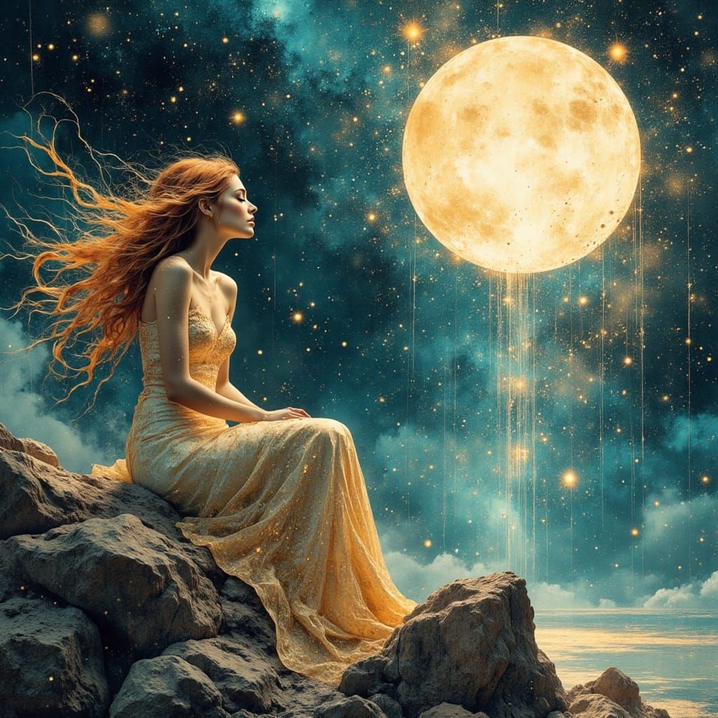Celestial Siren Serenades Moon in Cosmic Surrealism