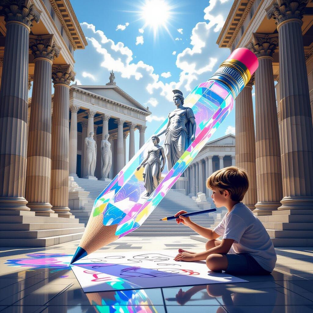 Boy Draws Inside Giant Crystal Pencil