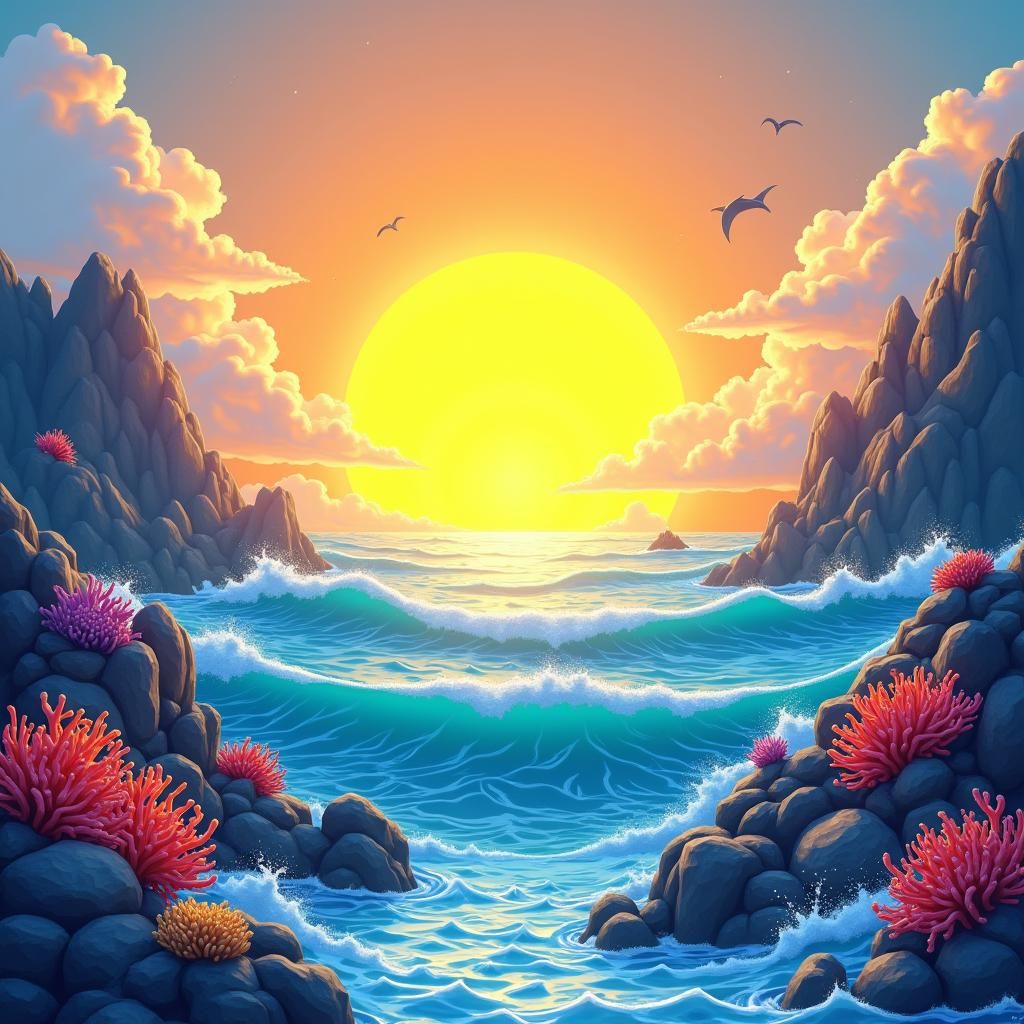 Cartoon Yellow Sunrise Over Ocean in Digital Art Style