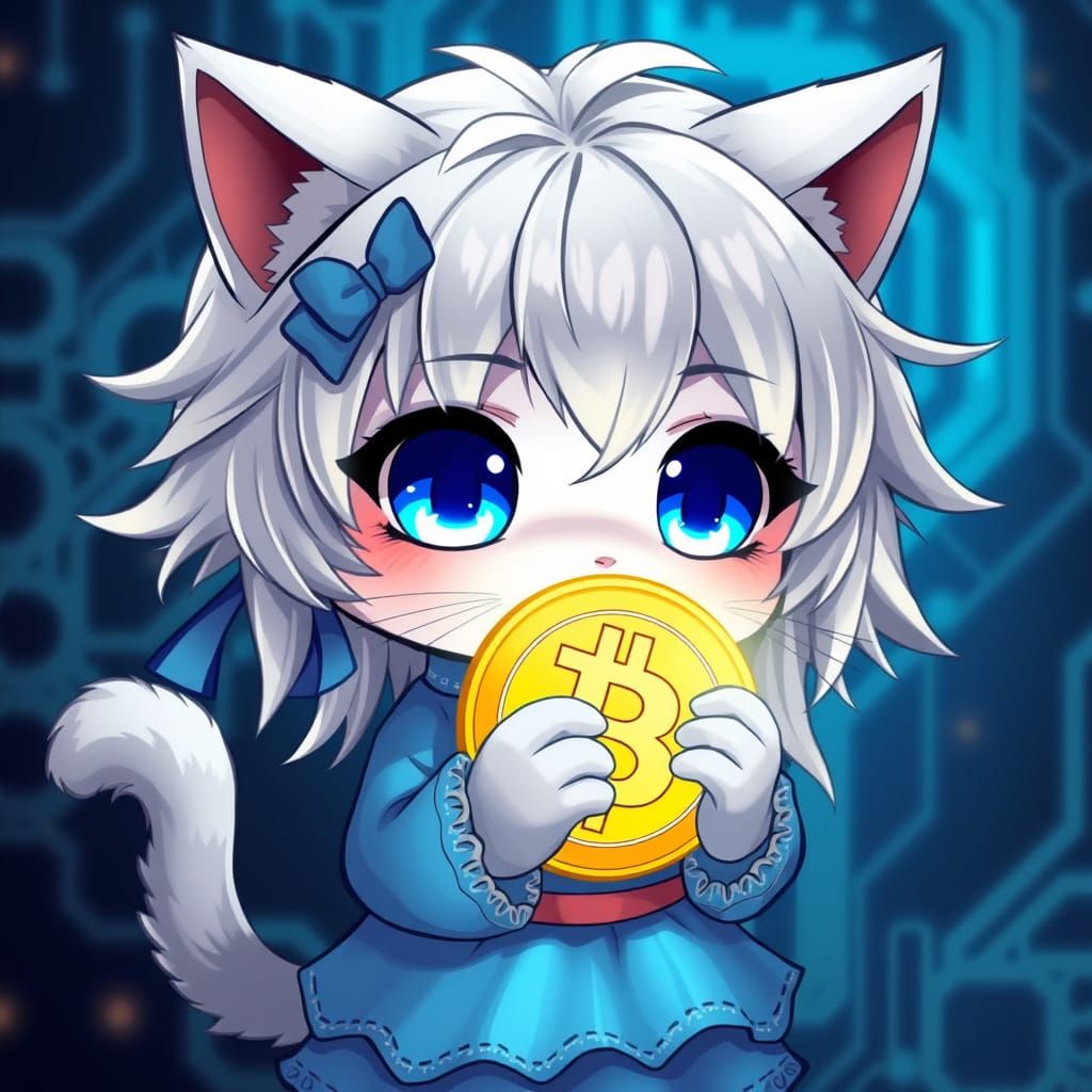 Chibi Anime Catgirl in Moody Lighting with Bitcoin