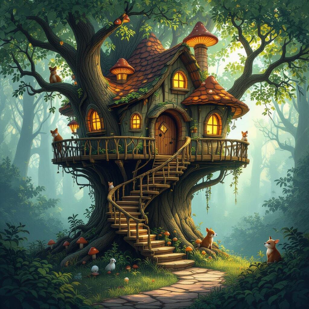 Enchanted Forest Treehouse: A Whimsical Fairytale Illustrati...