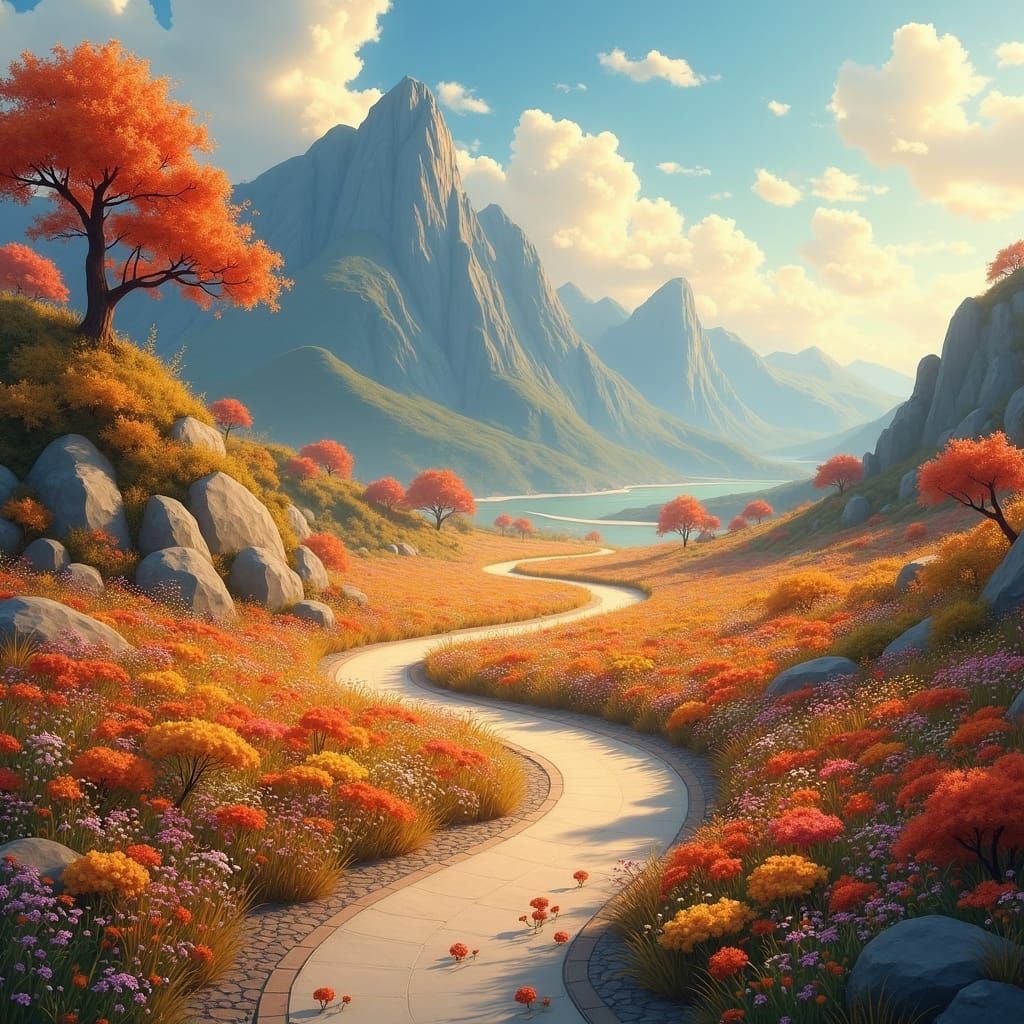 Autumn Mountain Road: A Whimsical Digital Landscape