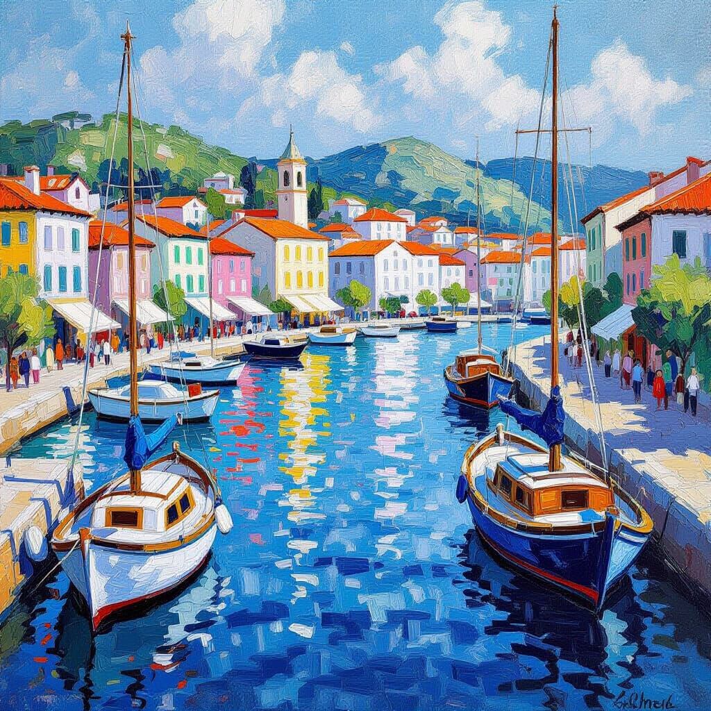 Vibrant Harbour Scene with Colourful Boats in Neo-Impression...