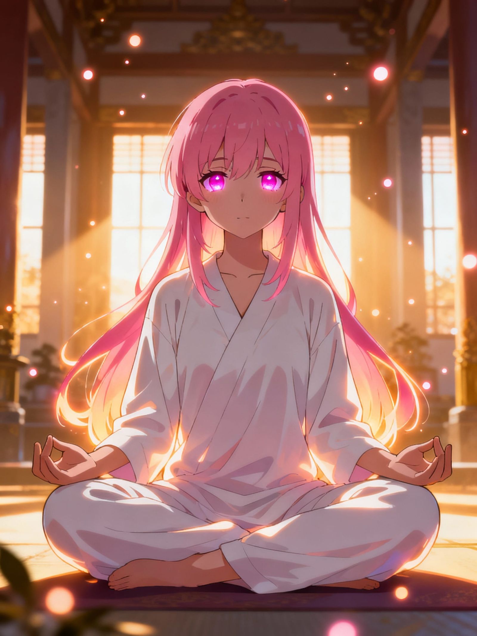 Anime Girl Meditating in Sunlit Temple