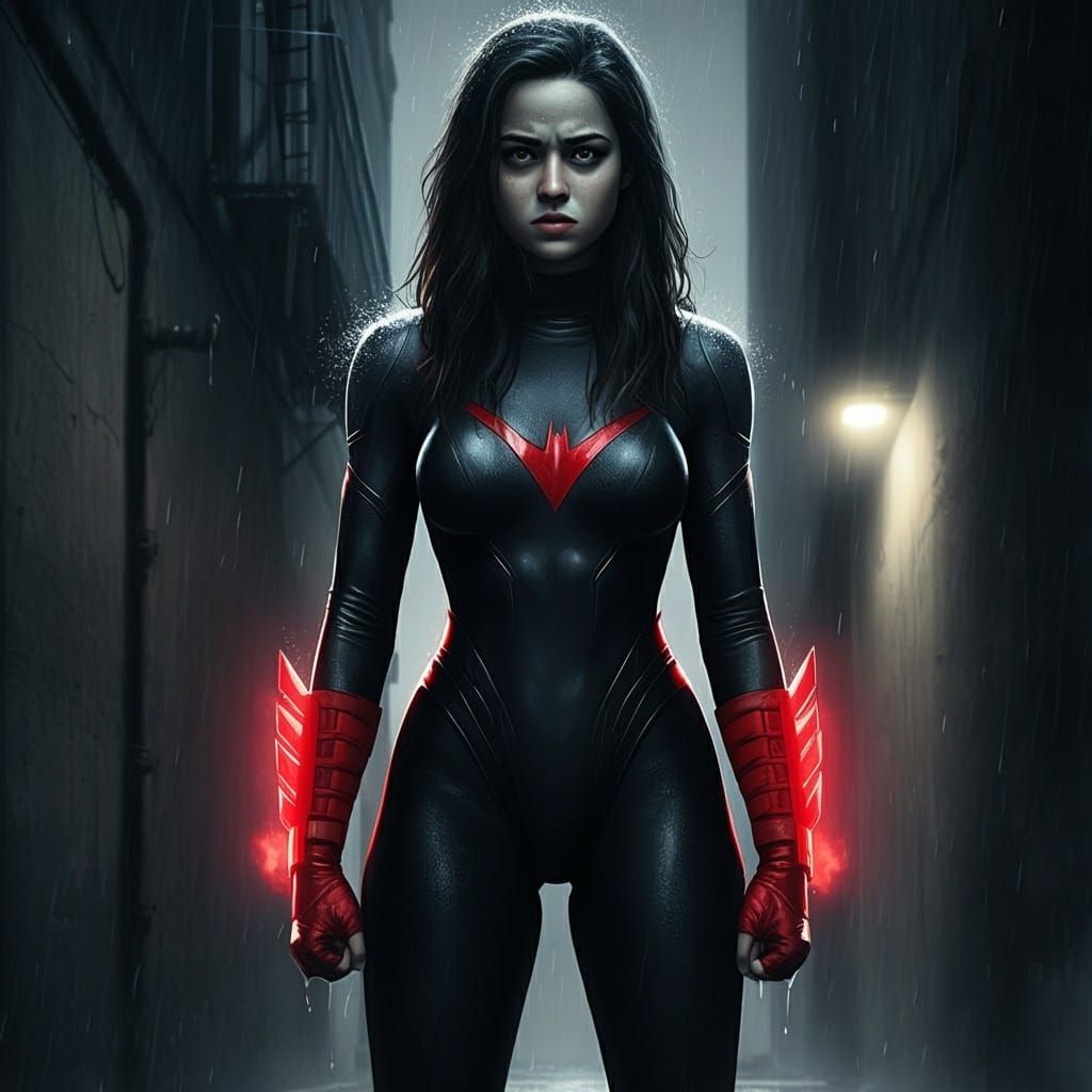 Heroic Superhero in Rain-Soaked Alleyway