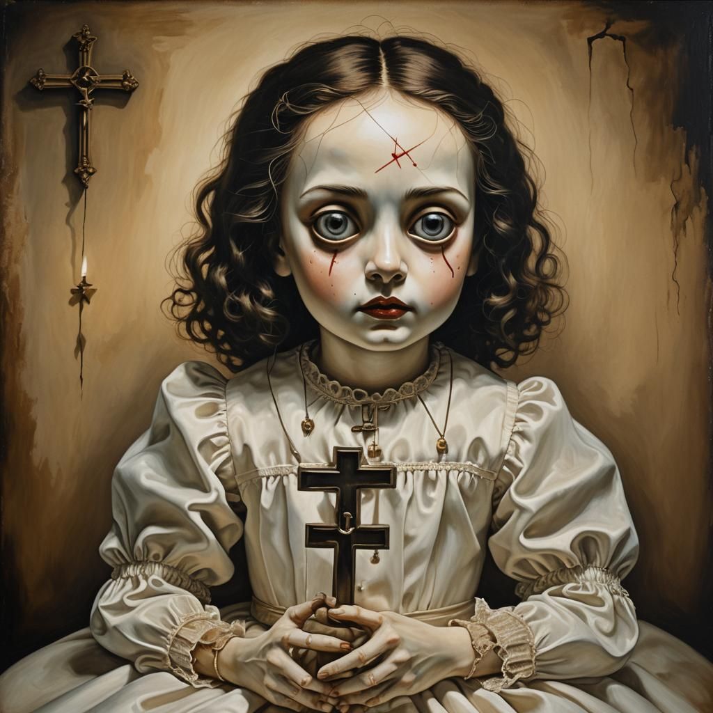 Eerie Rag Doll with Inverted Cross in Surreal Style
