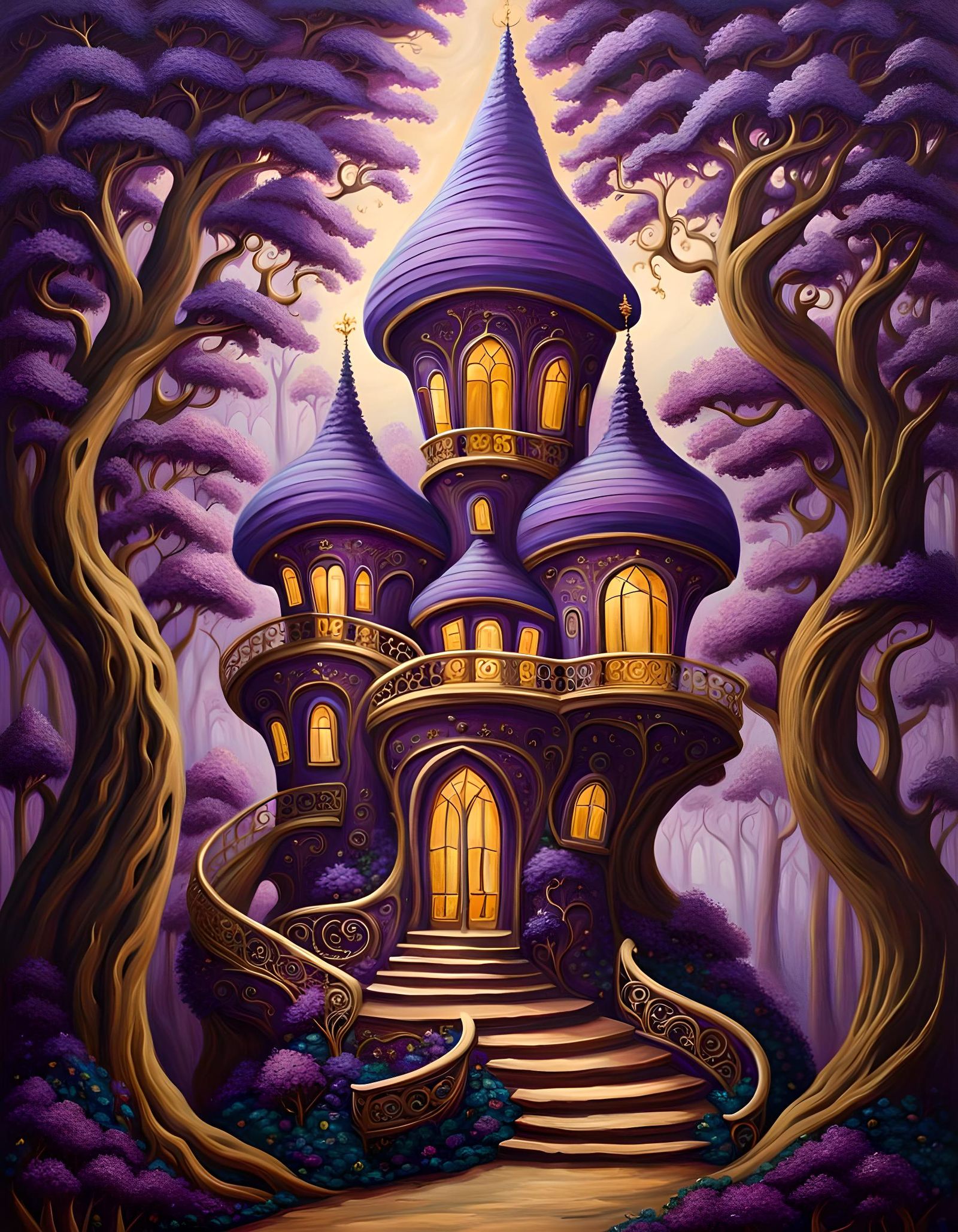 Fantasy Treehouse in Purple Forest, Impasto Painting