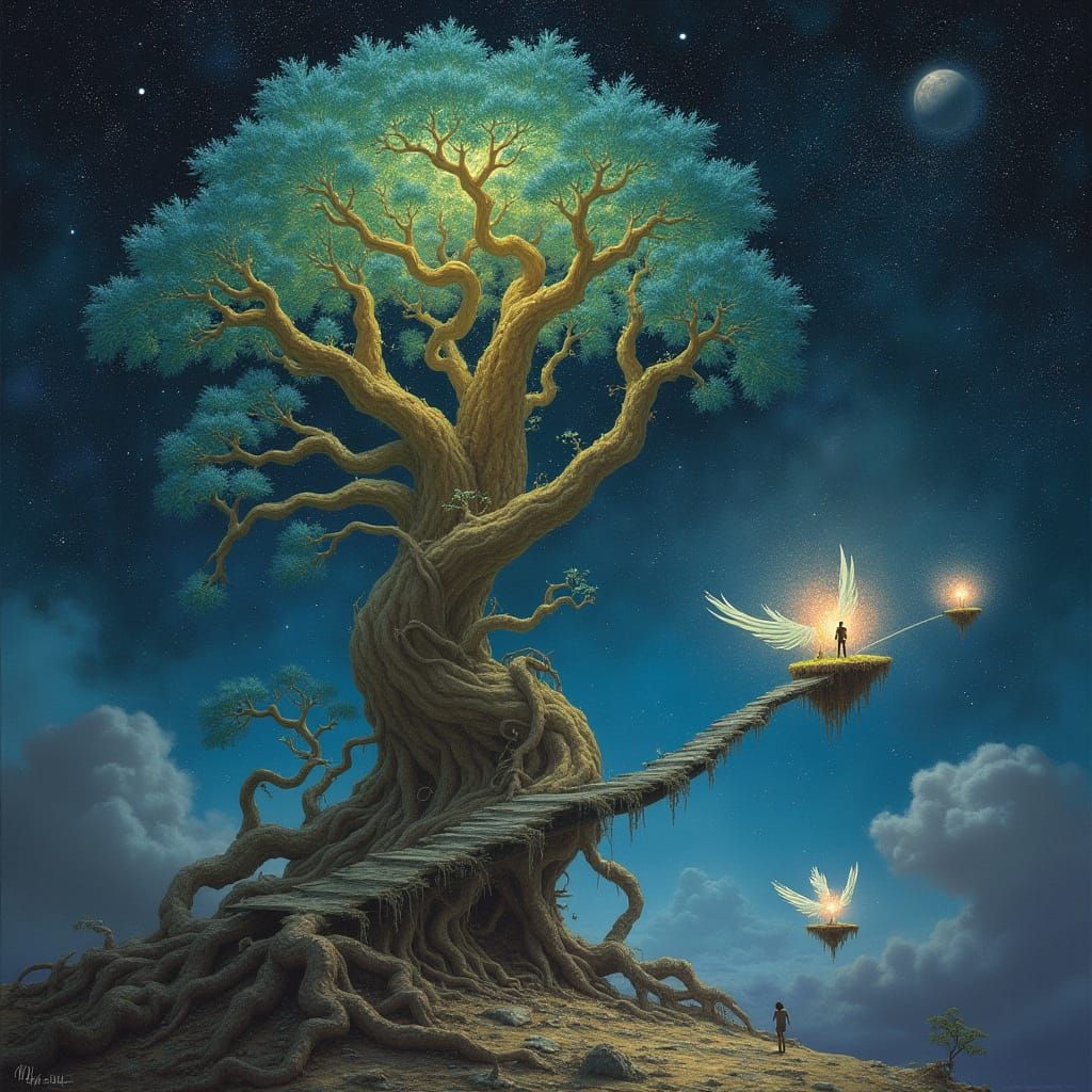 Ancient Bioluminescent Tree Amidst Cosmic Islands