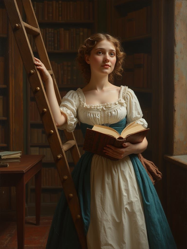 Elegant Victorian Lady Retrieves Book in Library