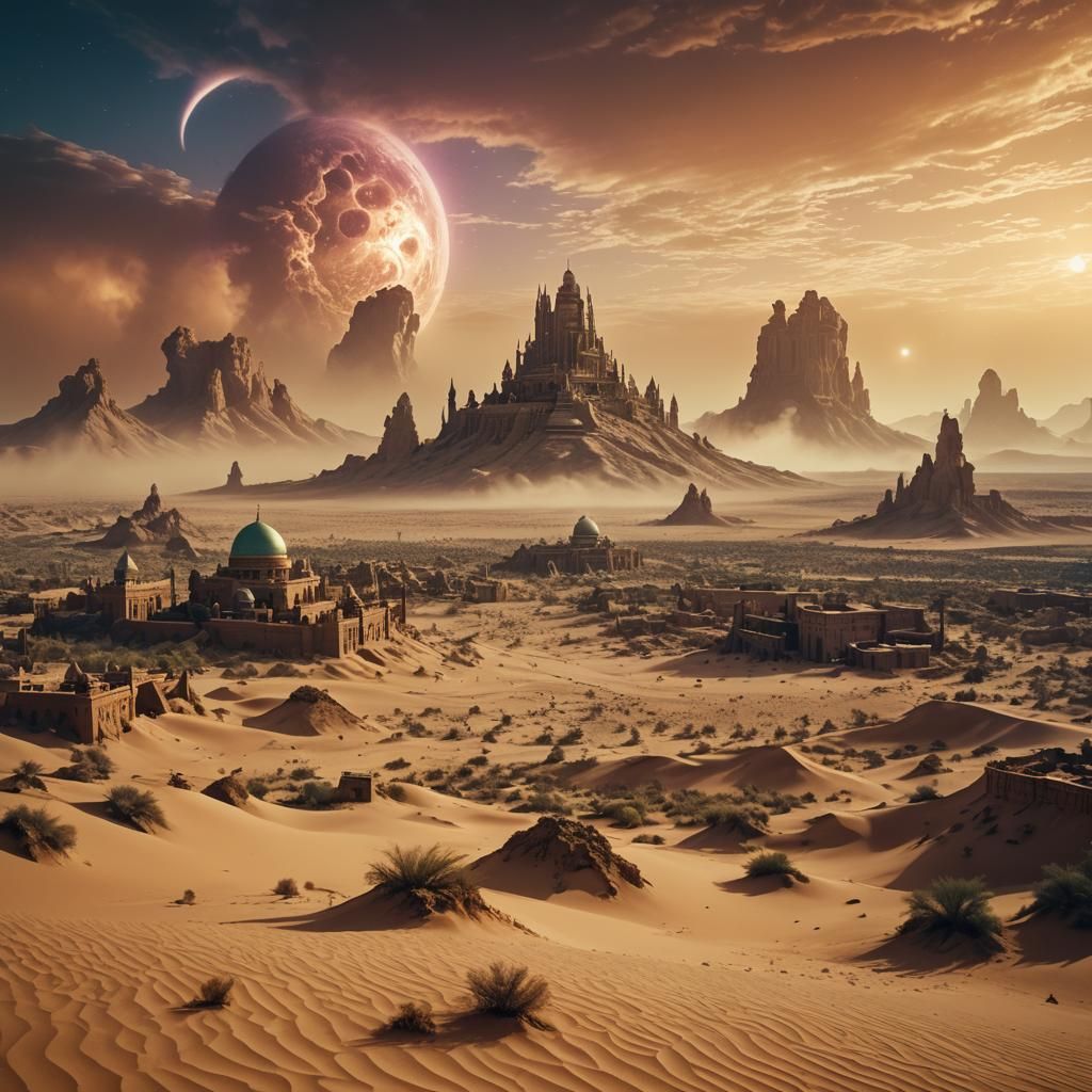 Surreal Desert Mirage with Floating Cities: Cinematic Still