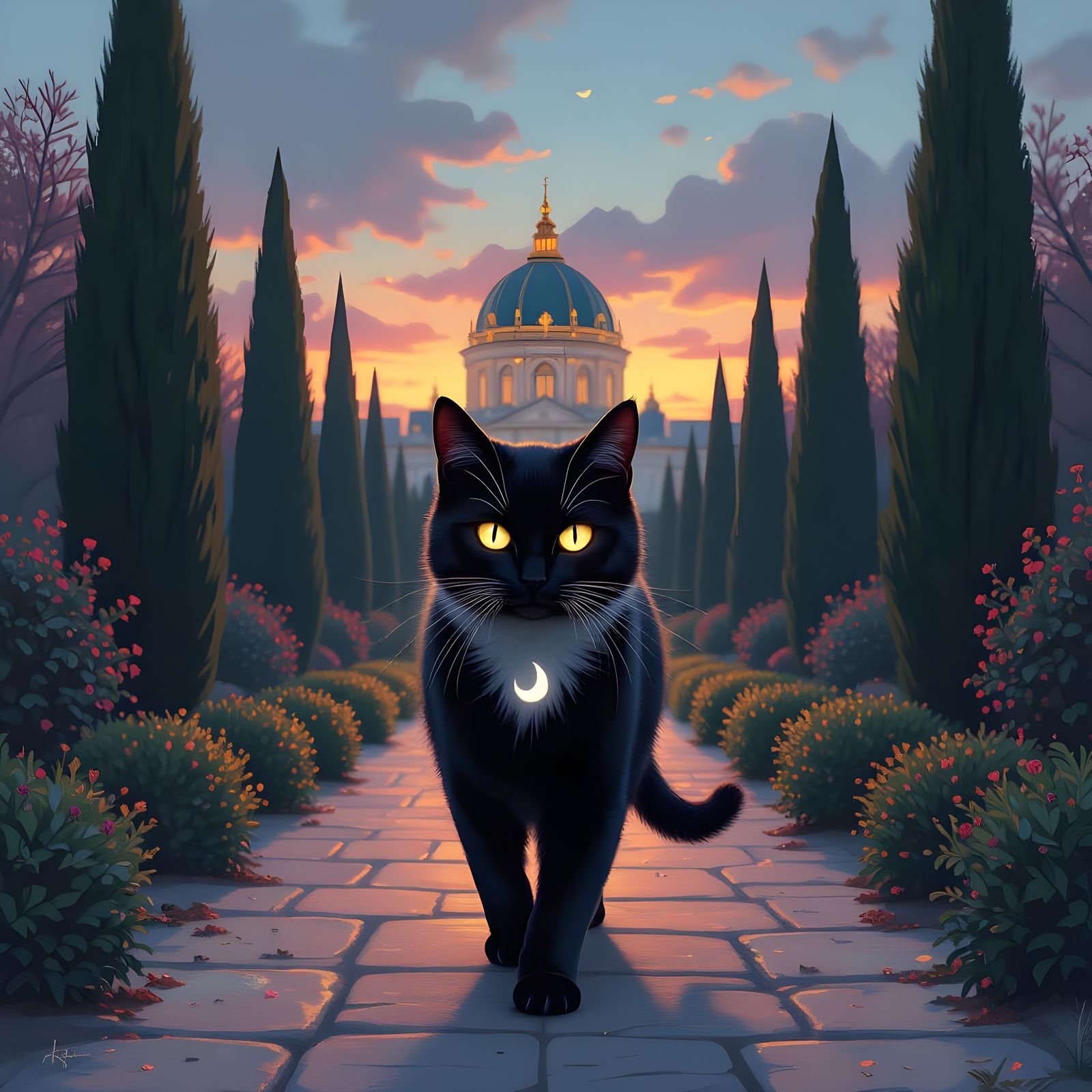 Black Cat in Elegant Garden: Graffiti Art Style