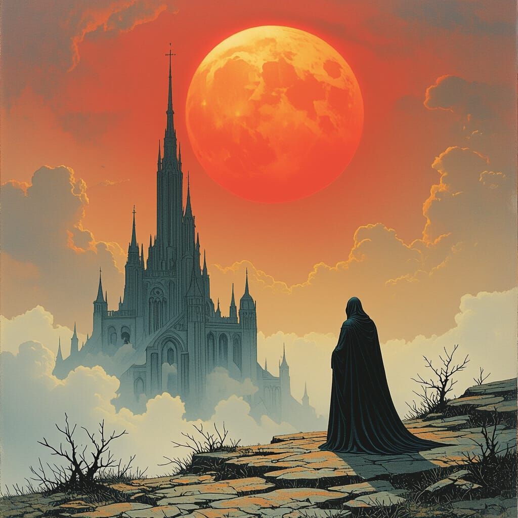 Gothic Cathedral Under Scarlet Sun, Macabre Art Style