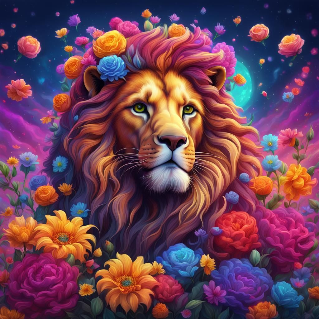 Lion with Floral Mane in Lisa Frank Style