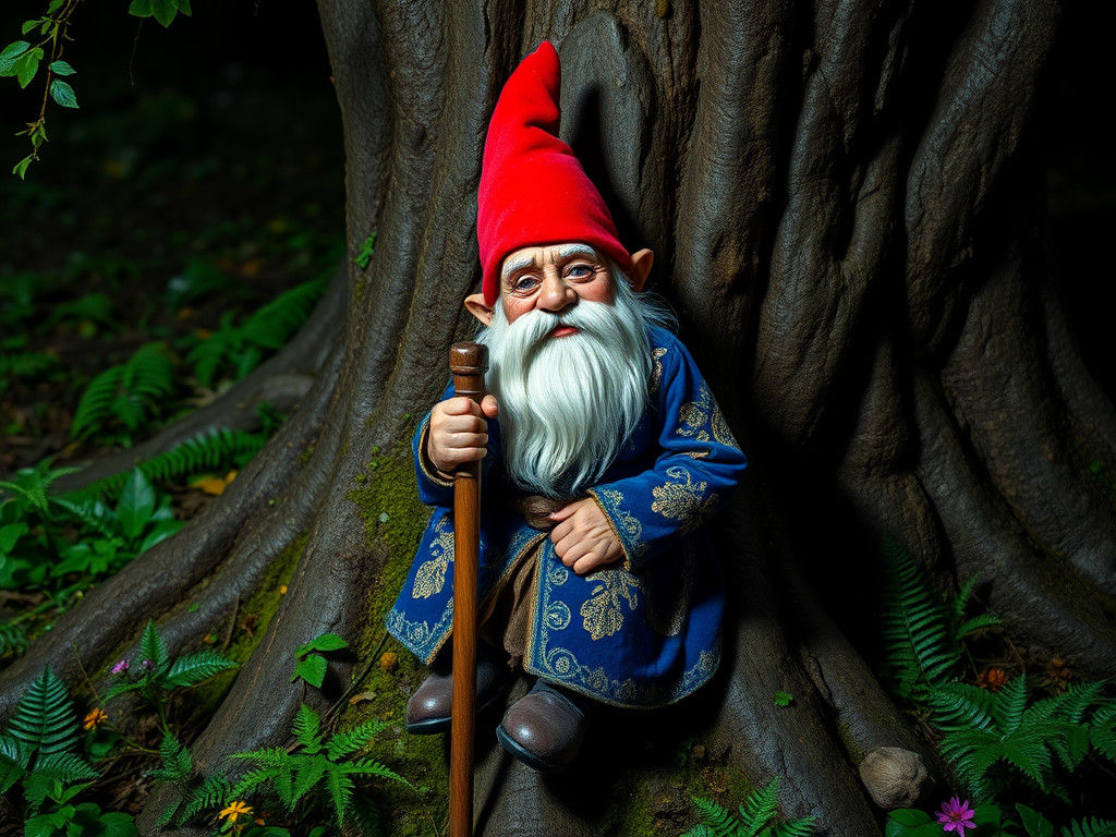 Gnome in Blue Velvet Coat in Forest
