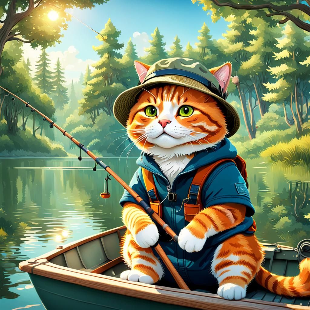 Orange Cat Fisherman on Sunny Lake in 8k