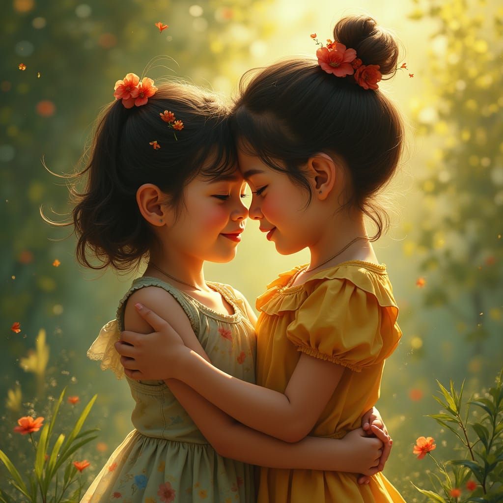 Tender Boy and Girl Embracing in a Whimsical Garden