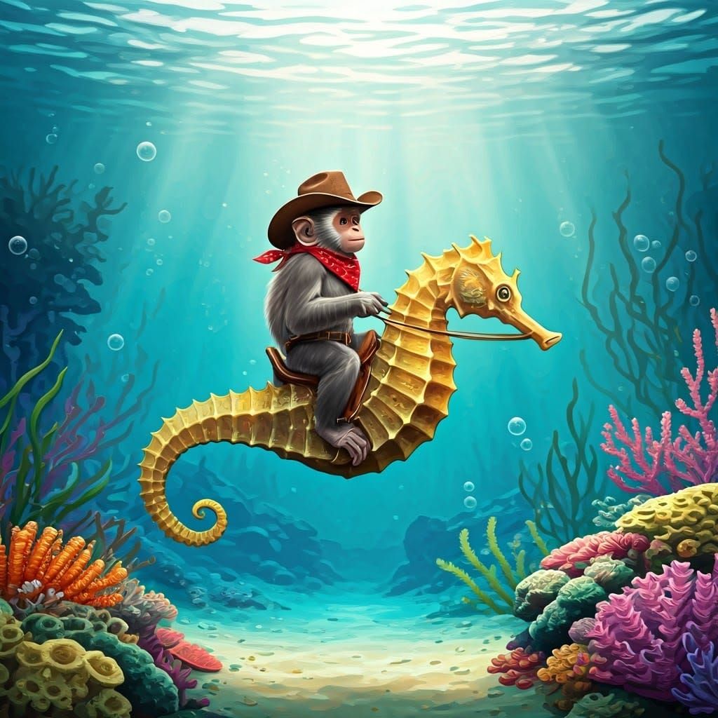 Whimsical Sea Monkeys Ride Majestic Seahorses in Dreamy Wate...
