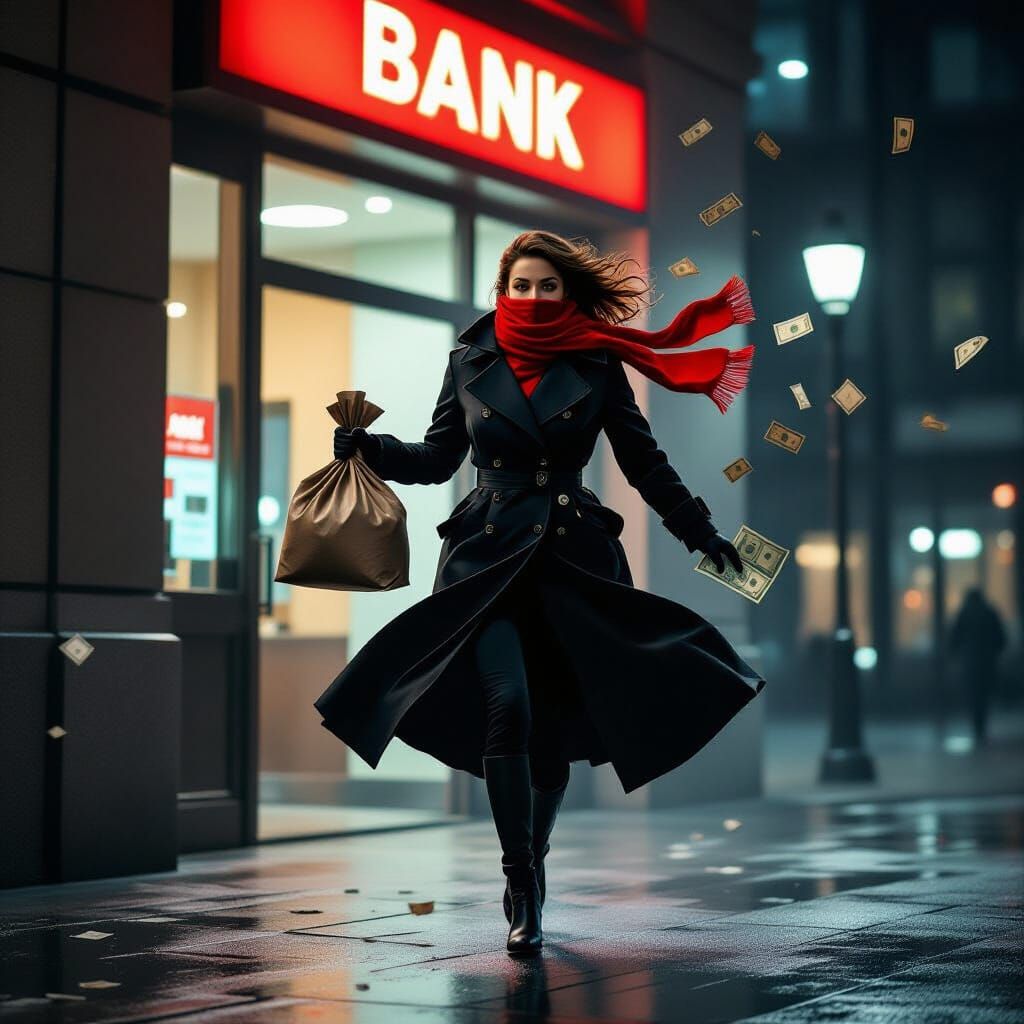 Woman Robber Running from Bank in Dark Comics Style